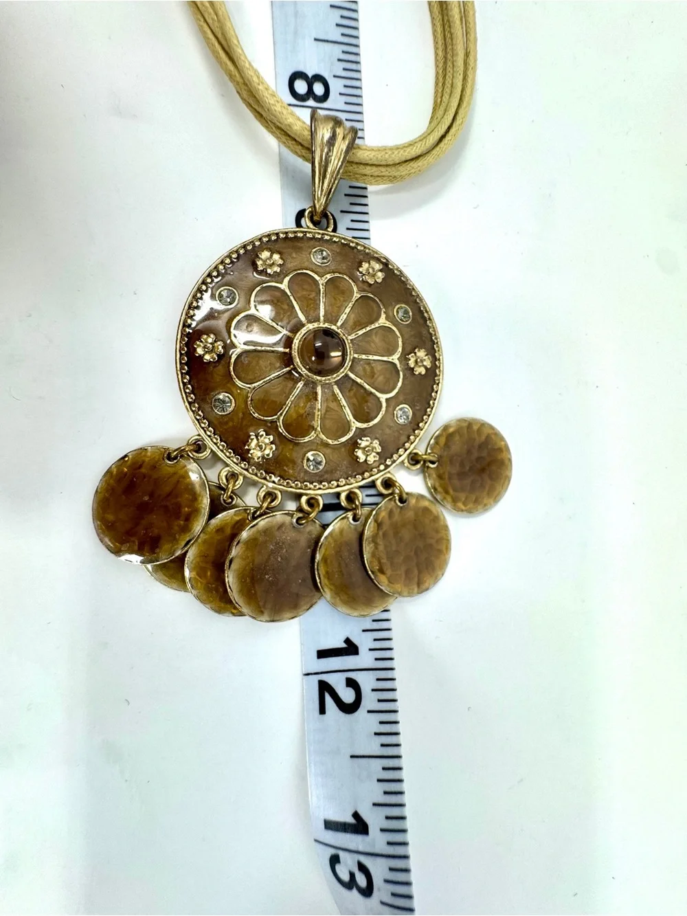 Vintage Boho Gold Tone Filigree Medallion Pendant Multi Strand Corded Necklace